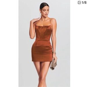 NWT Retrofete Elegant Brown Cognac Color Mini Dress L Chain shoulder straps